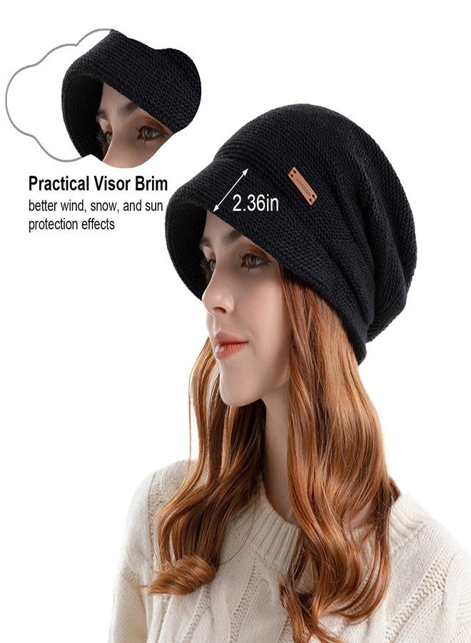 BEARAE Women Slouchy Knit Hat Winter Warm Fleece Lined Beanie Hat Stretchy Skull Cap with Visor Brim Black - Image 4